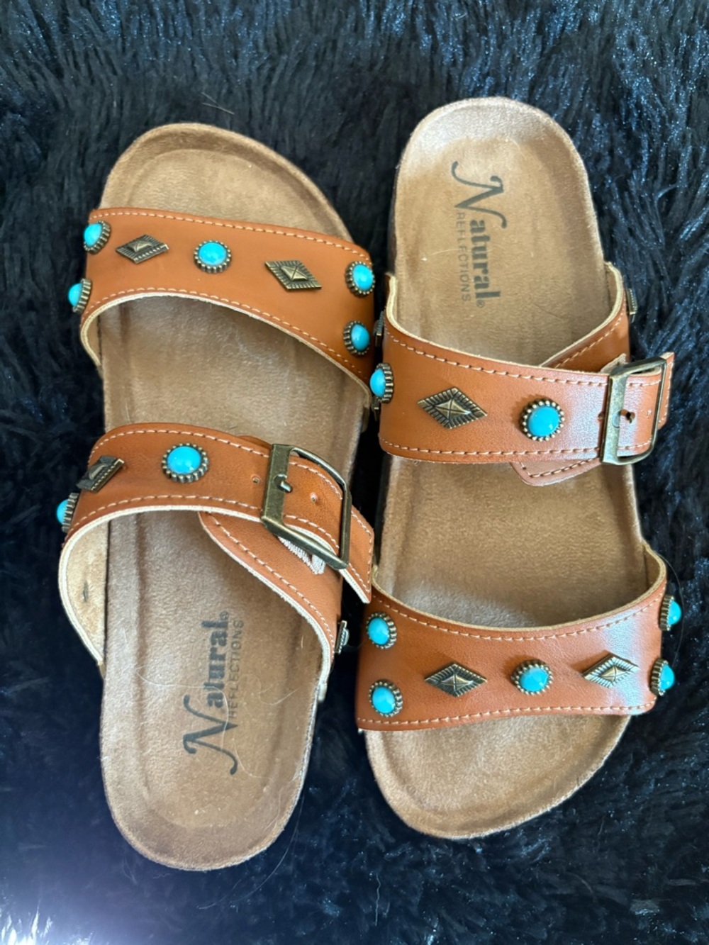 Natural Reflections Tan Sandals with Turquoise Studs